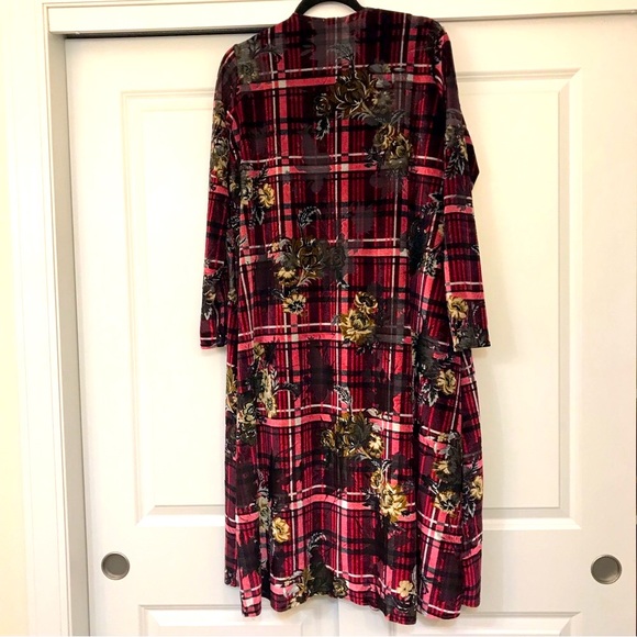 LulaRoe Velvety L Duster w/pockets-Holiday Reds white brown flower print! - Picture 10 of 11